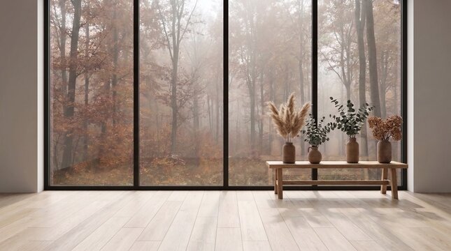 Minimalist Living Room Interior with Large Window Overlooking Autumn Forest   