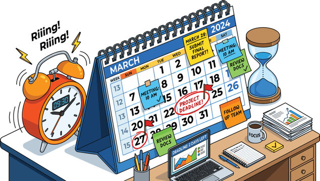 Isometric time management concept featuring desk calendar with sticky notes ringing alarm clock hourglass laptop and project deadline reminders for workplace productivity