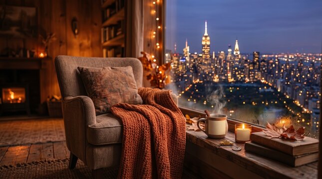 Cozy Armchair by Window Overlooking City Skyline at Night   