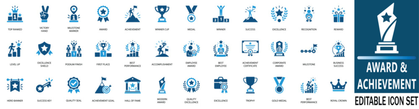 Award and achievement icon set featuring trophy, gold medal, winner podium, success goal, leadership award, certificate and corporate excellence glyph icons.