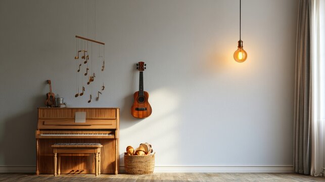 A childrens music room features an upright piano, a ukulele on a hook, and a basket of rhythm instruments. Warm amber light fills the space.