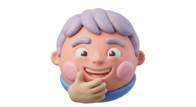 3D clay style illustration of a smiling boy with purple hair touching his chin