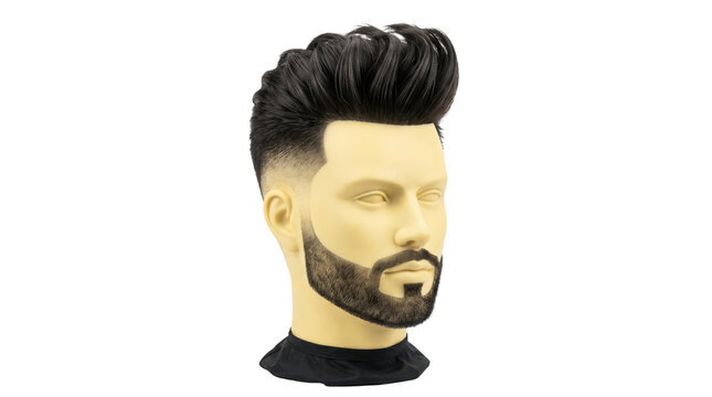 Modern male mannequin head with stylish pompadour haircut, professional barber training model with groomed beard, trendy men's hairstyle on white background
