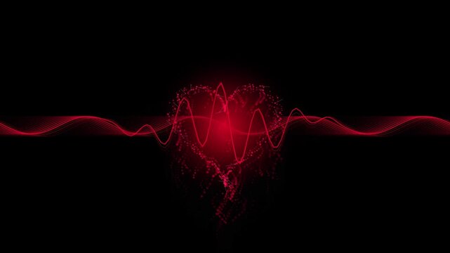 Abstract Heart Shape Motion Graphic with Glowing Red Particle Waveform Pulse on Dark Background