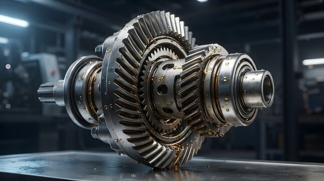 Automotive differential gear assembly coated in lubricant oil on a workshop workbench