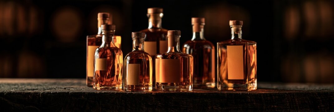 Craft perry bottles of varying sizes are displayed on a dark wood surface in a cellar. The minimal labels allow the amber liquid to shine.