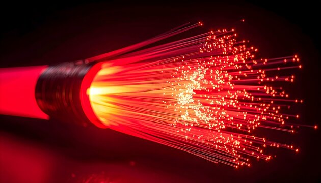 Close-up of Red Fiber Optic Cable Emitting Light with Sparkling Effect