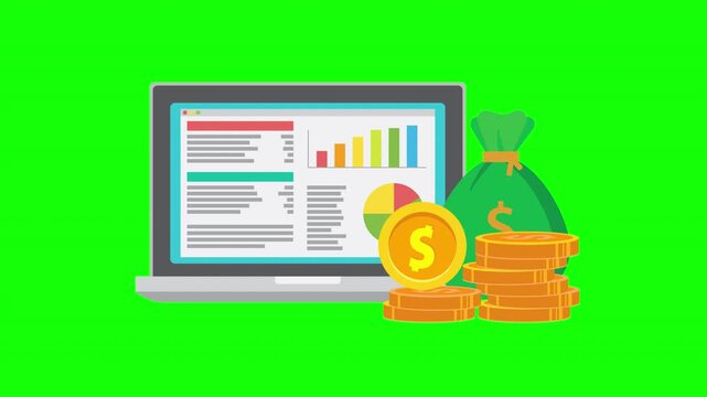 Financial Analysis Concept with Laptop, Charts, Money Bag, Coins and Calculator for Business Budget Planning