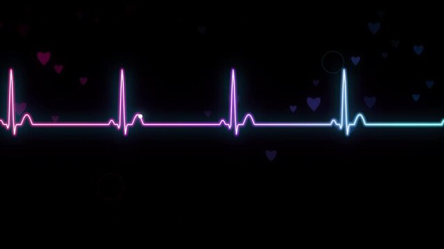 Glowing Neon Heartbeat EKG Pulse Line Animation with Floating Hearts on Dark Background for Love