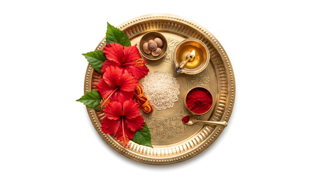 Navratri durga puja pooja thali with red hibiscus and diya lamp