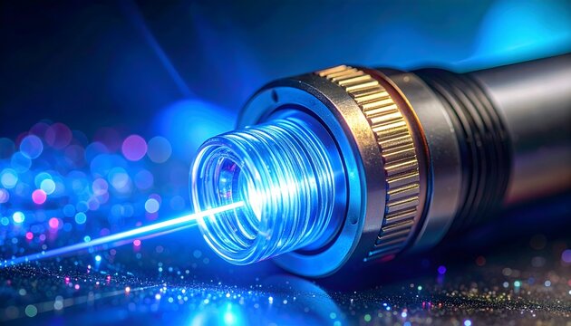 High Tech Laser Device Emitting Bright Blue Laser Beam Over Sparkling Surface