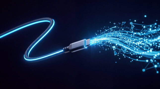 Minimalist neon blue data stream cable emitting particle wave in dark void