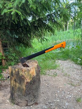 Axe stuck in wooden tree stump outdoors
