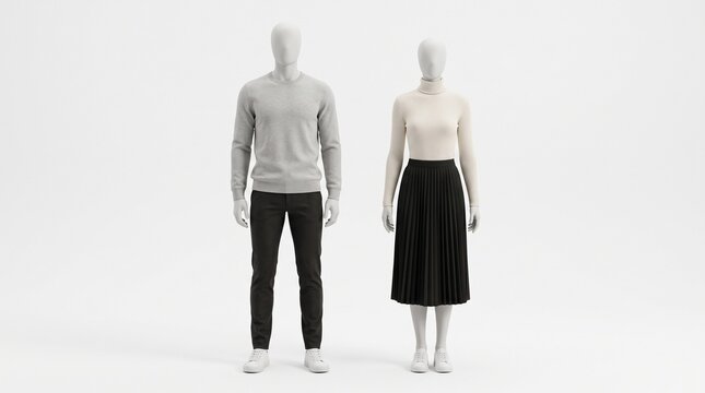 Male and female featureless white mannequins wearing casual winter apparel standing side by side isolated on a white background