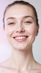 Obraz premium Smiling Woman with White Teeth and Glowing Skin Showing Skincare Results