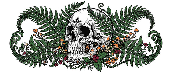 Fototapeta premium Artistic Skull Surrounded by Ferns and Fungi Illustration