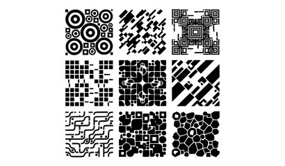 Fototapeta premium Abstract fake QR inspired geometric pattern set black and white vector illustration