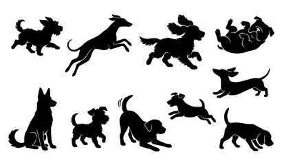 Obraz premium Playful dog silhouette stickers in active poses black vector illustration set