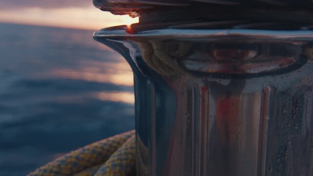 Sailing boat moves in the Atlantic Ocean, details of the vessel. Sunset as seen from the moving sailing boat with winch on the foreground