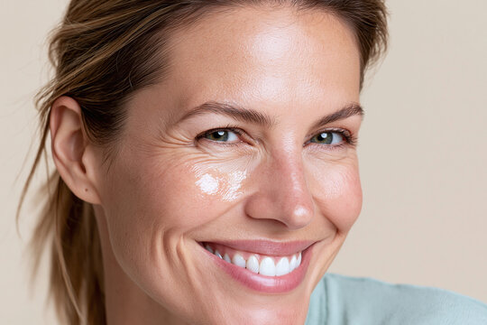 Radiant smiling woman with dewy skin and cheekbone highlight, close up macro portrait showing healthy complexion, natural makeup, toothy smile and light wrinkles conveying warmth and confidence