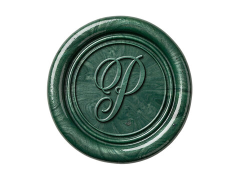 Dark Green Wax Seal with Ornate Monogram Letter 'P'. Elegant Design Element, Vintage Style, Decorative Emblem for Branding and Invitations