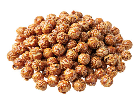 Caramel Popcorn Pile, a Sweet and Crunchy Snack Food. Golden Brown Confectionery Treat, Isolated on White Background. Delicious Caramel Coated Popcorn, Perfect for Indulgence.