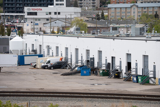 Calgary Alberta Canada, September 22 2026: Empty shipping and receiving docks at a commercial building in an industrial area.