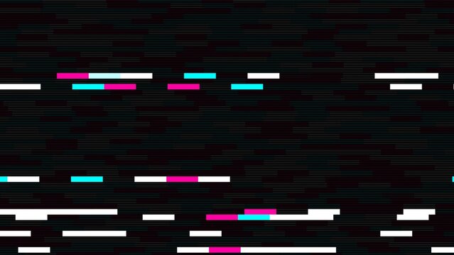 Digital glitch lines with cyan and magenta RGB blocks on black background, error distortion overlay