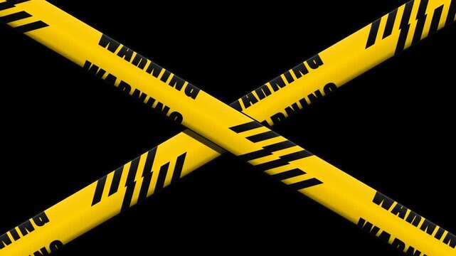 Two segments of bright yellow caution tape featuring black lettering are crossed to signal a dangerous area where people should exercise extreme vigilance while entering or working near this