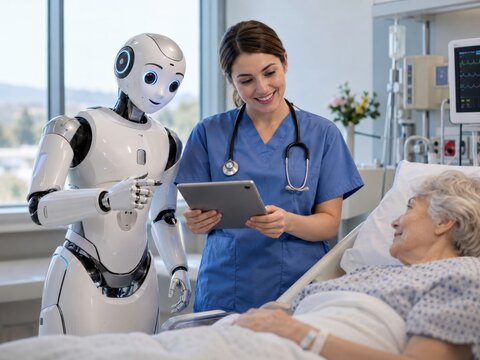 Humanoider Roboter unterst&uuml;tzt Pflegekraft am Krankenbett &ndash; Freundlicher Roboter begleitet eine Krankenschwester bei der Betreuung einer &auml;lteren Patientin und zeigt Hilfe, Innovation und Zukunft im Kr