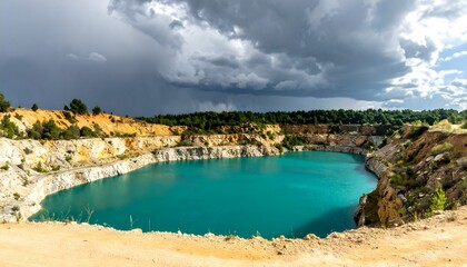 Obraz premium Scenic view of a turquoise crater lake with stormy clouds in the sky