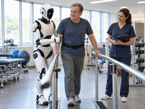 Humanoider Roboter unterst&uuml;tzt Rehabilitation im Krankenhaus &ndash; Roboter begleitet einen Patienten beim Gehtraining, w&auml;hrend eine Pflegekraft beobachtet, und steht f&uuml;r Hilfe und Zukunft der Therapie.