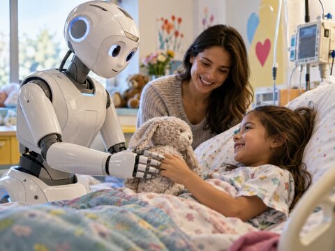 Humanoider Roboter tr&ouml;stet Kind im Krankenhaus &ndash; Ein freundlicher Roboter begleitet ein M&auml;dchen im Krankenbett und schafft gemeinsam mit der Mutter eine warme Atmosph&auml;re voller Hilfe und Zukunft.