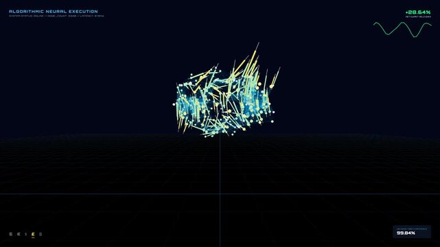 Futuristic abstract digital visualization of an artificial intelligence neural network executing complex algorithms, displaying data processing and machine learning connections on a dark background...