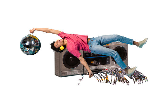 Creative trend collage of&nbsp;funny young man discotheque lying boombox enjoy music&nbsp;discoball freak bizarre unusual fantasy