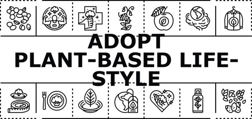Obraz premium Adopt plant-based lifestyle banner infographic. Fruits balance, ethics tofu, sustainability health icon vector illustration