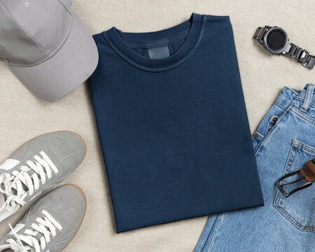 Blank washed navy blue folded unisex t-shirt mockup, crewneck flat lay with jeans and mens accessories