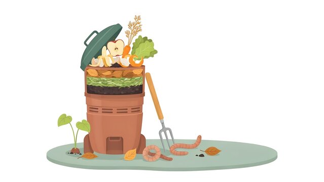 Flat vector illustration of a layered compost bin with organic waste and earthworms, promoting sustainable recycling and eco-friendly gardening