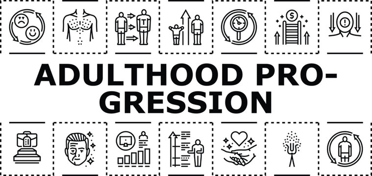Adulthood progression banner infographic. Evolution stability, independence growth, aging development icon vector illustration