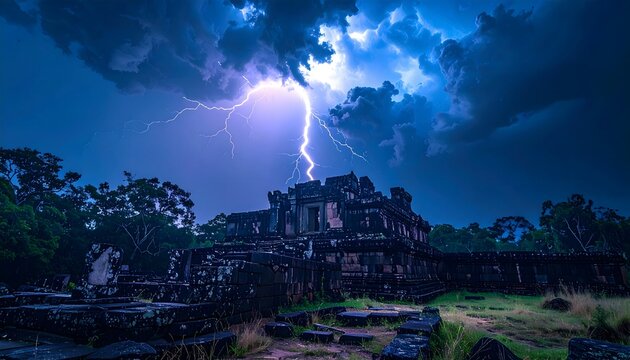 Dramatic lightning strike illuminating ancient temple ruins during stormy night