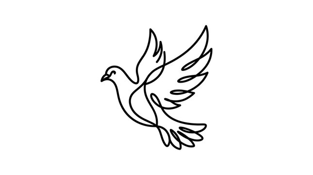 Single line art drawing of flying dove isolated on white background for peace symbol design and artistic religious icons or wedding invitation decorative arts.