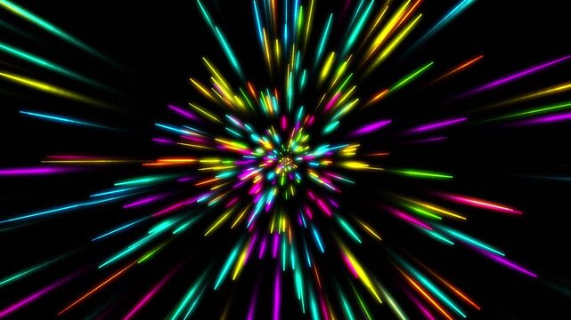 Colorful neon streaks exploding outward in radial starburst