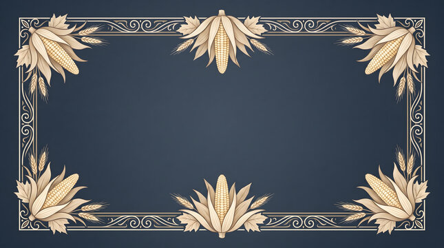 Vintage ornate frame with golden wheat and decorative floral elements on dark blue