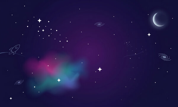 Deep space vector background with colorful nebula, glowing crescent moon, shining stars, spiral galaxies, and rocket doodle.