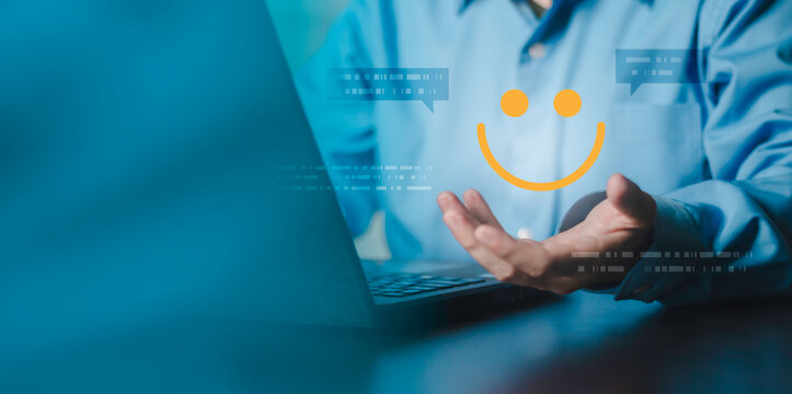 Customer feedback, smile emoji and digital communication symbols. Represents customer satisfaction, service review, user experience, ratings, testimonials and business improvement.