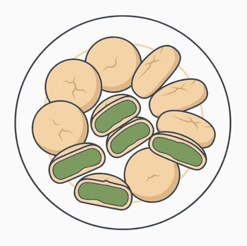 Vector illustration of traditional Indonesian food Bakpia Pathok with green bean filling on a plate.
