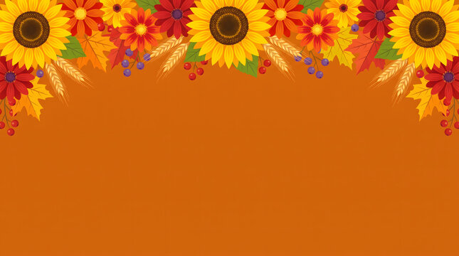 Autumn floral border with sunflowers and colorful fall leaves on a brown background