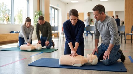 Fototapeta premium Adults practice hands-only CPR compression rhythm