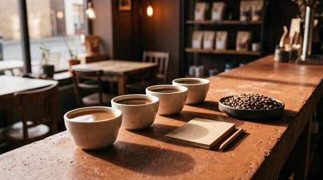 Finished cupping cups await a cafe purchasing decision