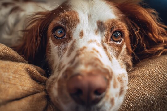 A close-up view captures the soulful eyes and adorable face of a freckled spaniel resting comfortably, showcasing the beauty and innocence of this beloved pet